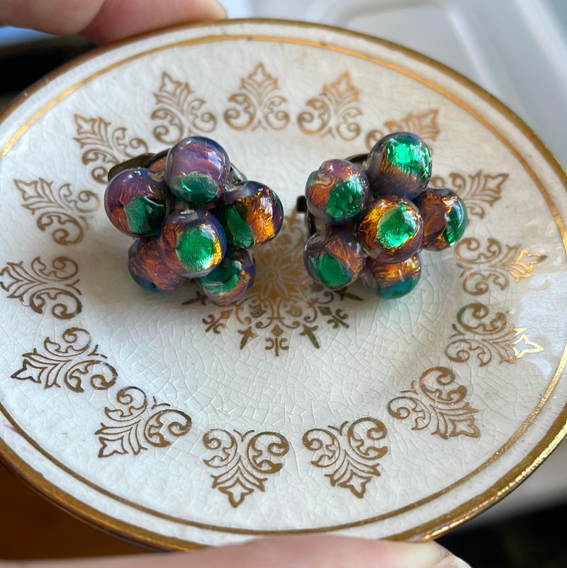 Opal Glass Foil Beaded Necklace & Earrings Set - Demi Parure - Antique