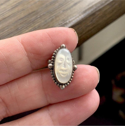 Carved Mother of Pearl Moon Face Brooch - Sterling Silver - Vintage