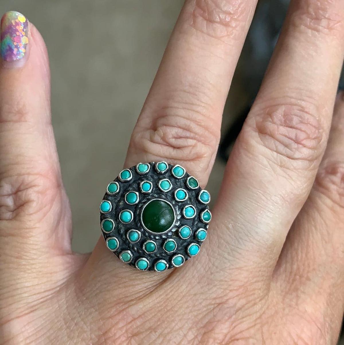 Turquoise Cluster Ring - Native American - Sterling Silver