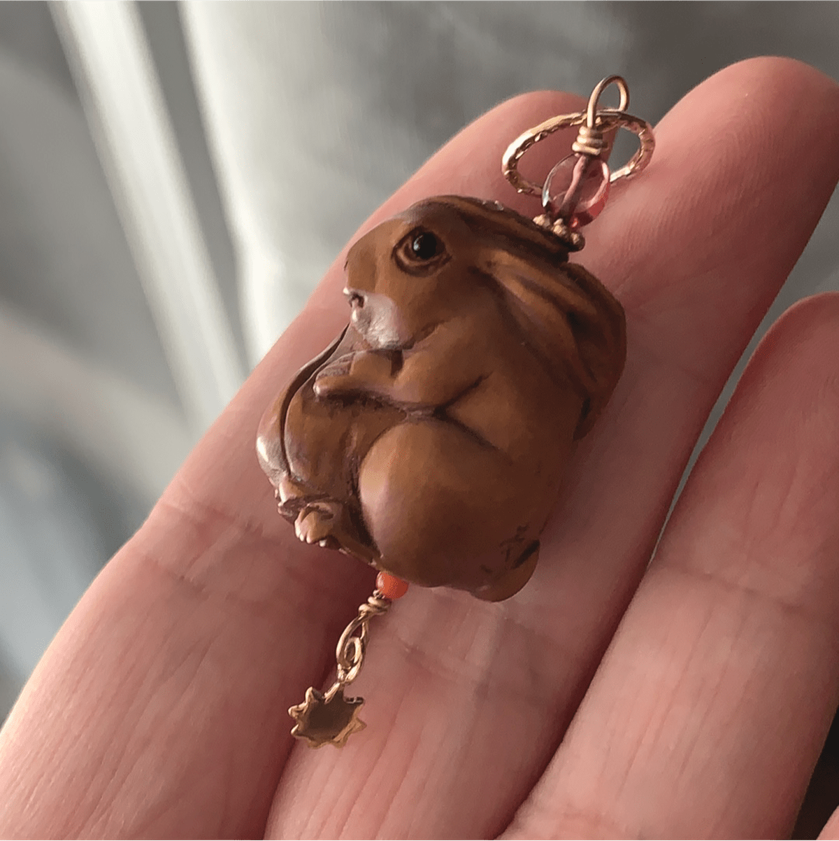 Rabbit Talisman Pendant Netsuke Coral and Bronze Handmad