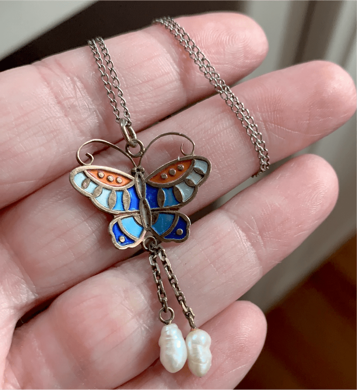 enamel butterfly necklace pearl sterling silver vintage Vintage