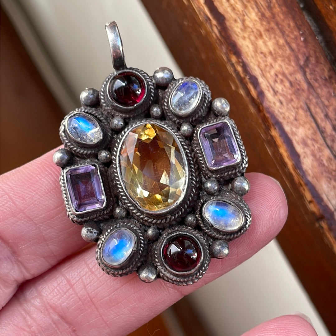 Moonstone, Citrine, Garnet and Amethyst Pendant Sterling Silver