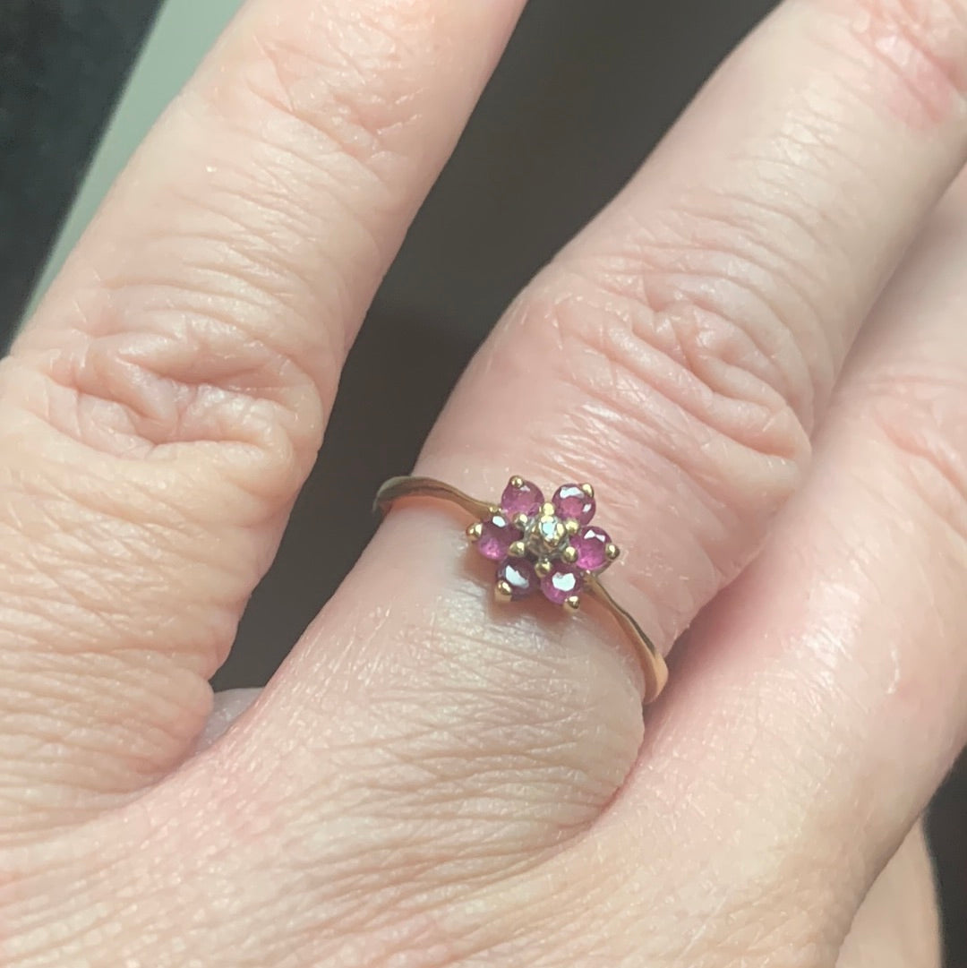 Vintage ruby and diamond flower ring Clearance