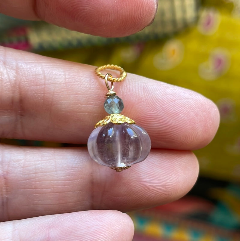 Carved Fluorite Pumpkin Pendant - Gold Filled - Handmade