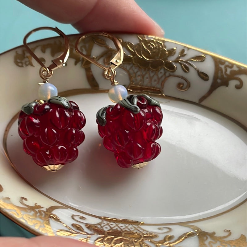 Ruby Glass Berry Earrings - Gold Filled - Handmade