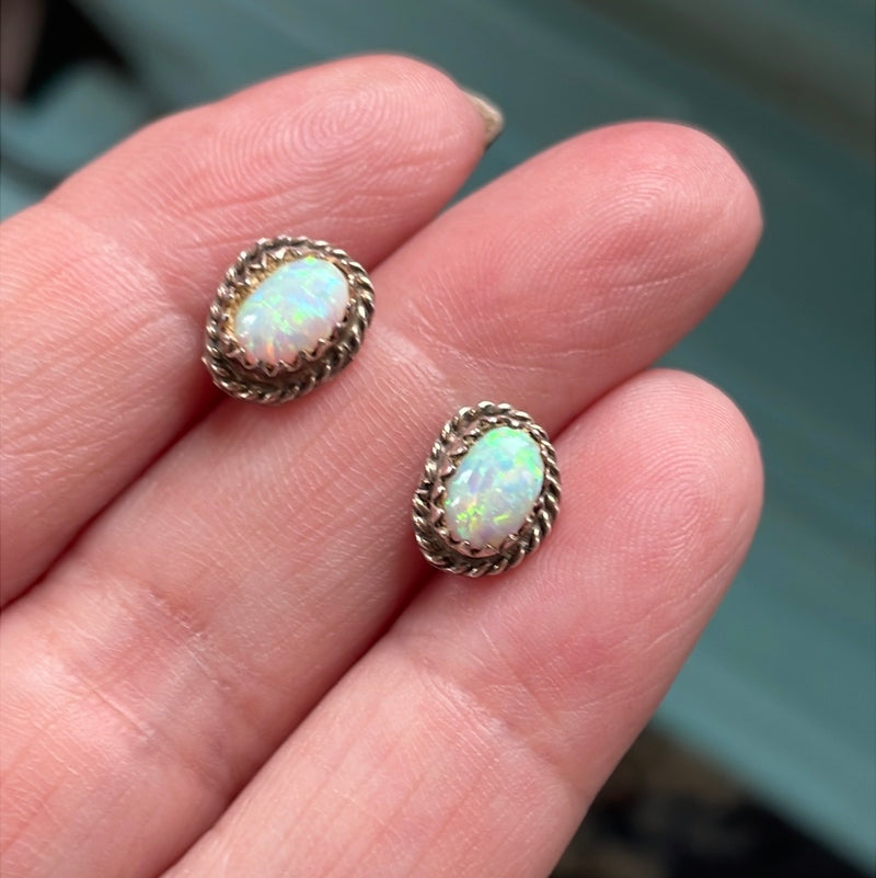 Opal Stud Earrings - Sterling Silver - Vintage