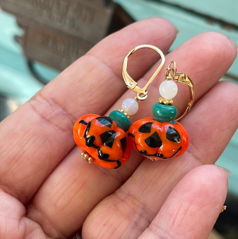 Jack-o-lantern Glass Earrings - Gold Filled - Handmade