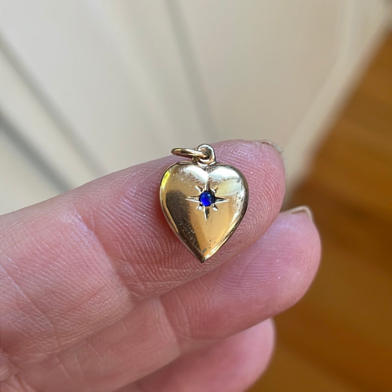 Gold Heart Pendant - Paste Blue Stone - 10k Gold - Vintage
