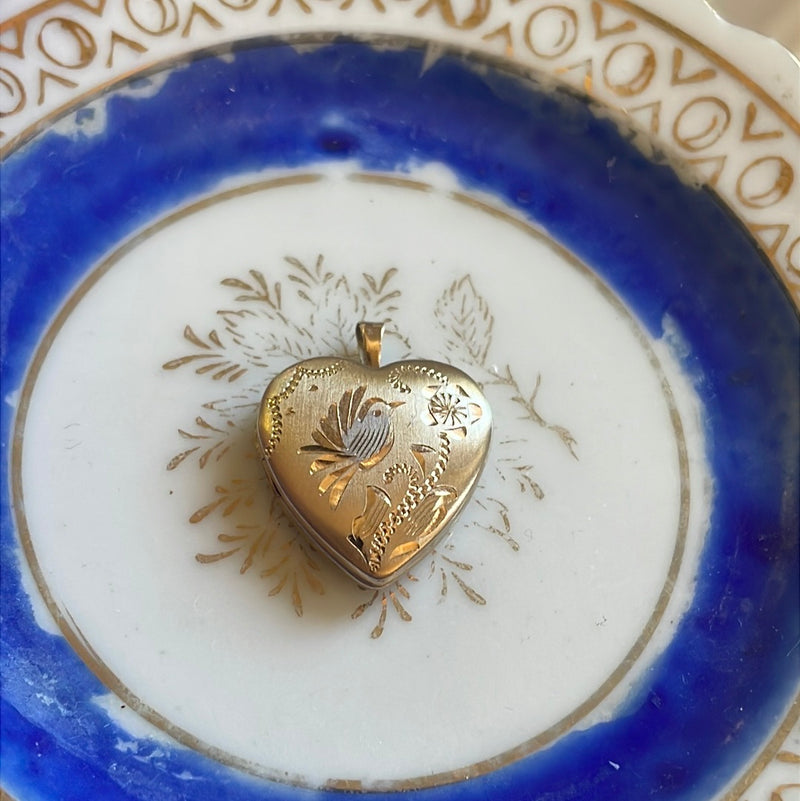 Bird Heart Locket - 14k Gold - Vintage