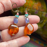 Outlander Earrings -Amber, Tanzanite, Apatite and Coral - Gold Filled - Handmade