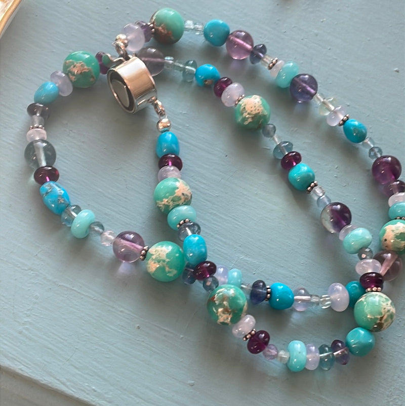 Ocean Confetti One of a Kind Necklace - Turquoise, Chalcedony, Fluorite and Amazonite - Sterling Heart Clasp - Handmade