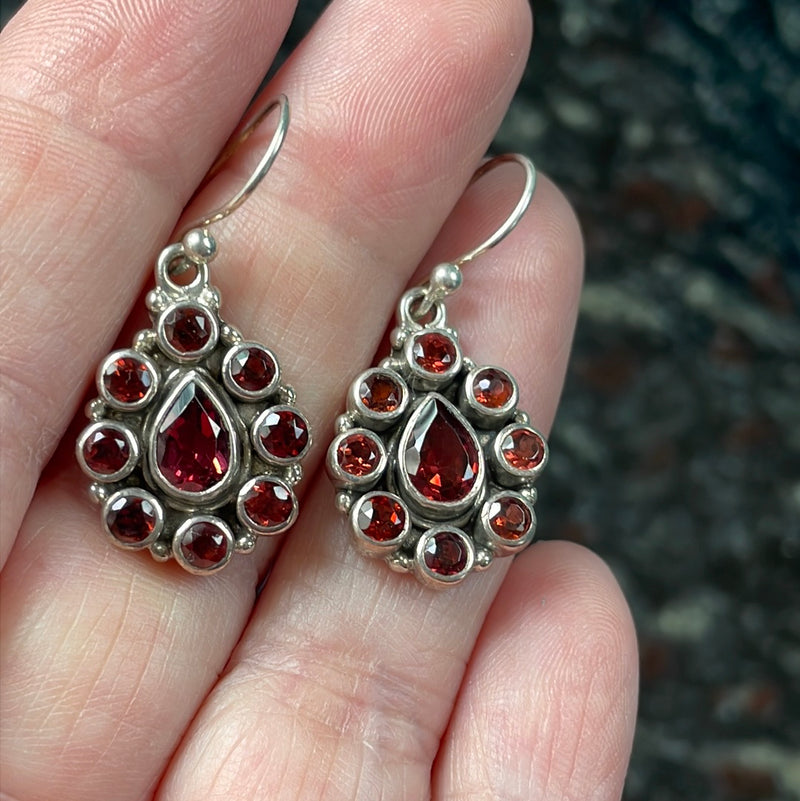 Garnet Cluster Earrings - Sterling Silver - Vintage