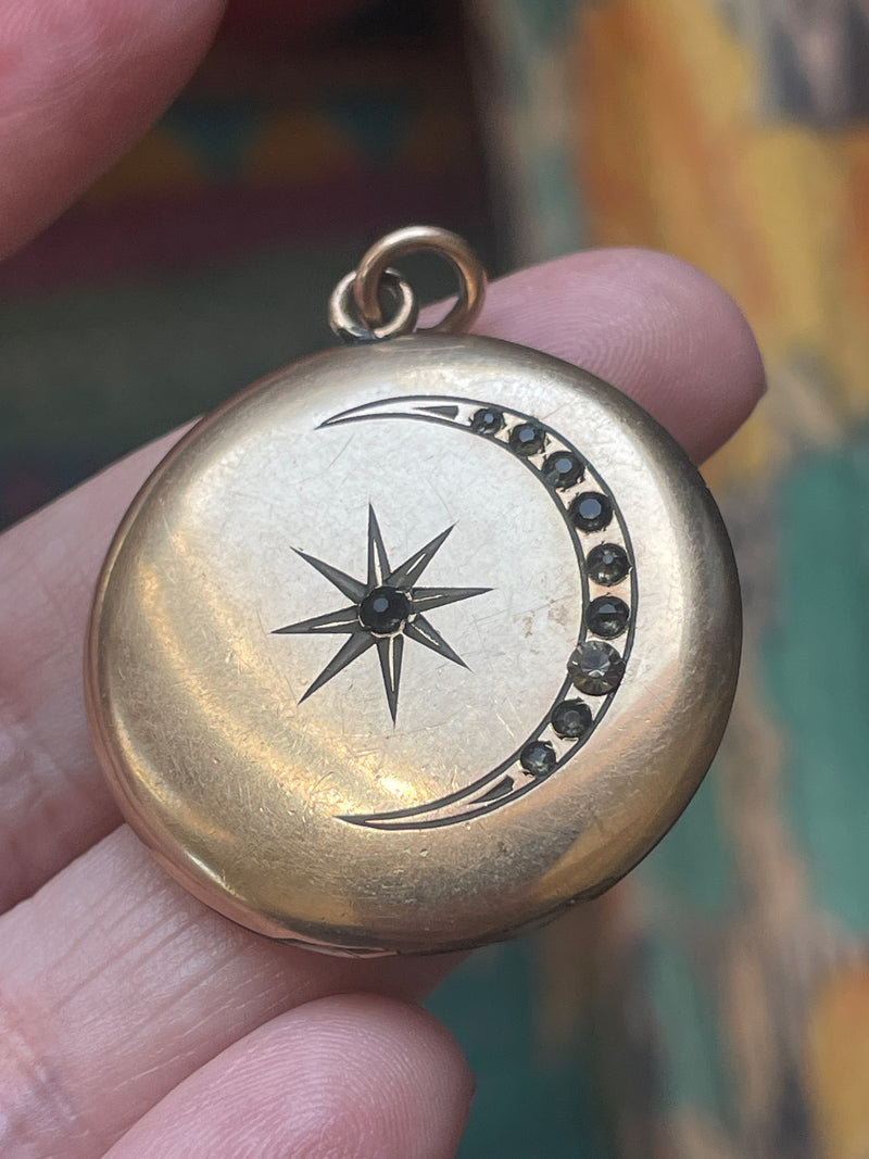 Large Moon Star Locket - Gold Filled - Antique
