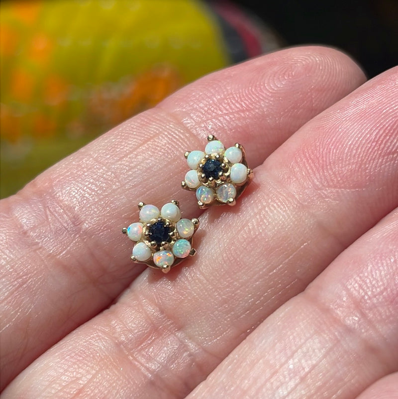 Opal Sapphire Flower Stud Earrings - 10k Gold - Vintage