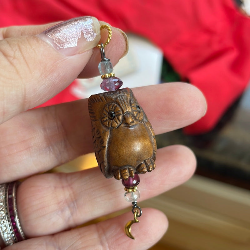 Carved Owl Pendant - Netsuke - Moonstone, Garnet, Amethyst and Fluorite - Gold Filled Moon - Sterling and Gold filled findings