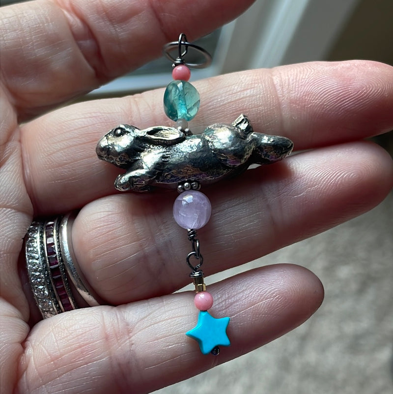 Rabbit Talismanic Pendant Kunzite, Turquoise, Apatite and Coral