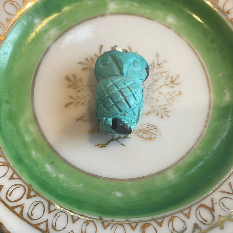 Carved Turquoise Owl  - Sterling Silver Pendant - Vintage