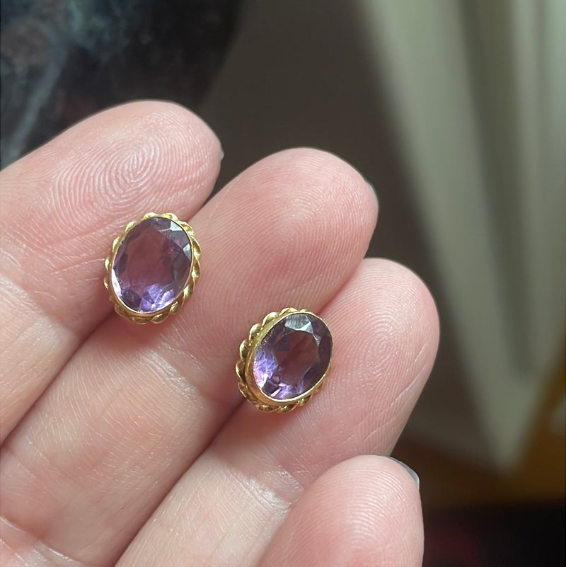 Amethyst Stud Earrings - Rope Edge - 14k Gold - Vintage