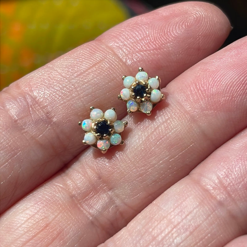 Opal Sapphire Flower Stud Earrings - 10k Gold - Vintage