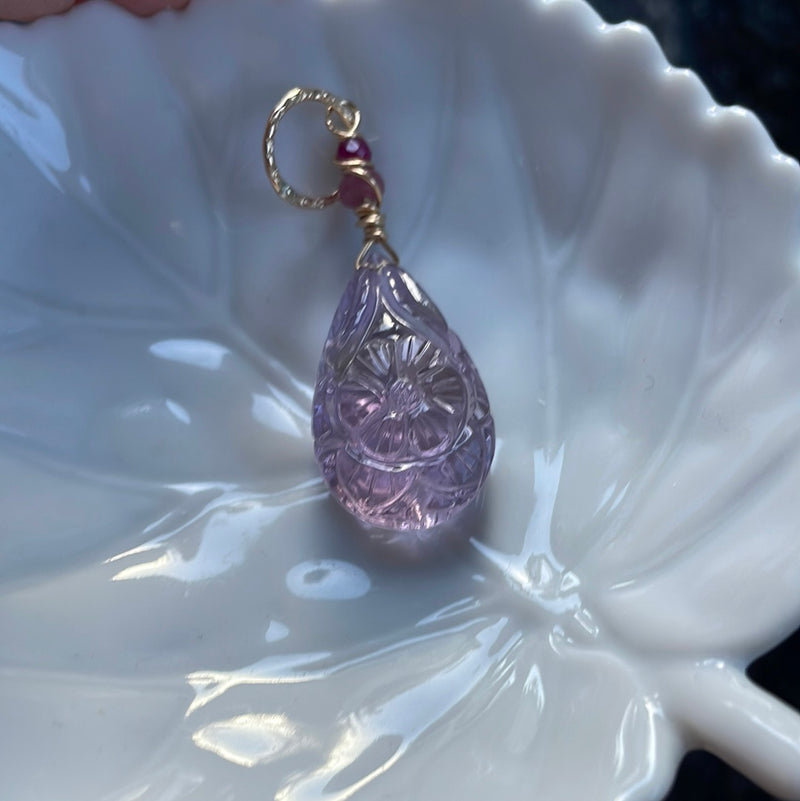 Carved Amethyst Flower Pendant with Pink Sapphire and Ruby - Gold Filled - Handmade
