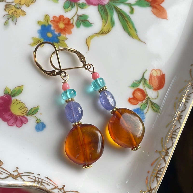 Outlander Earrings -Amber, Tanzanite, Apatite and Coral - Gold Filled - Handmade