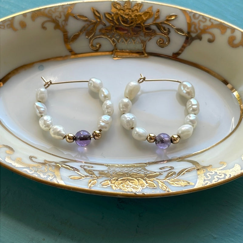 Pearl Amethyst Hoop Earrings - 14k Gold - Vintage