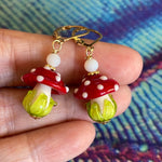Mushroom Earrings - Opal Glass - Gold Filled - Handmade