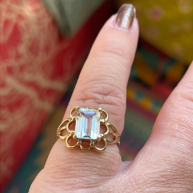 Aquamarine Ring - Emerald Cut - Frilly Edge - 10k Gold - Vintage