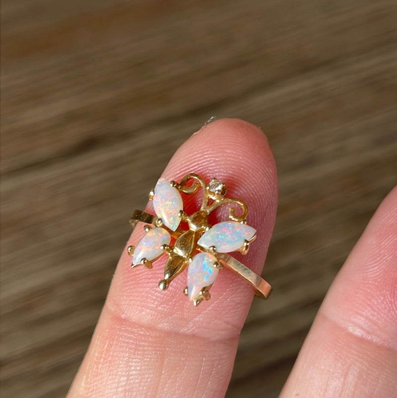 Opal Butterfly Ring - Diamond - 14k Gold - Vintage