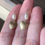 Engraved Heart Drop Earrings - Pearl - 14k Gold - Vintage