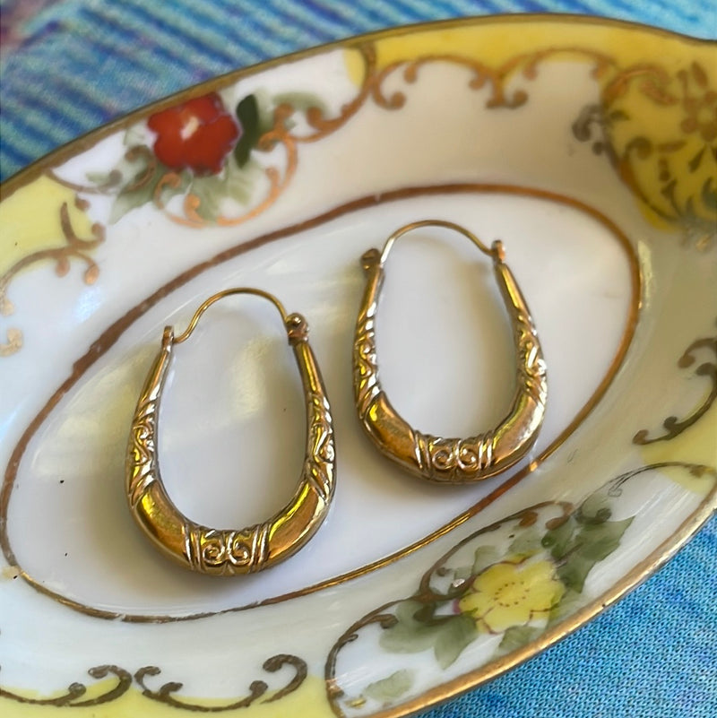 Scrolling Hoop Earrings - 9k Gold - Vintage