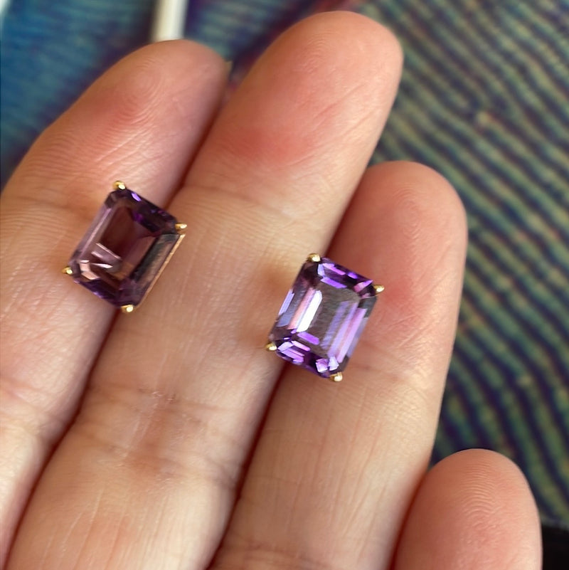 Amethyst Earrings - Emerald Cut - 14k Gold - Vintage