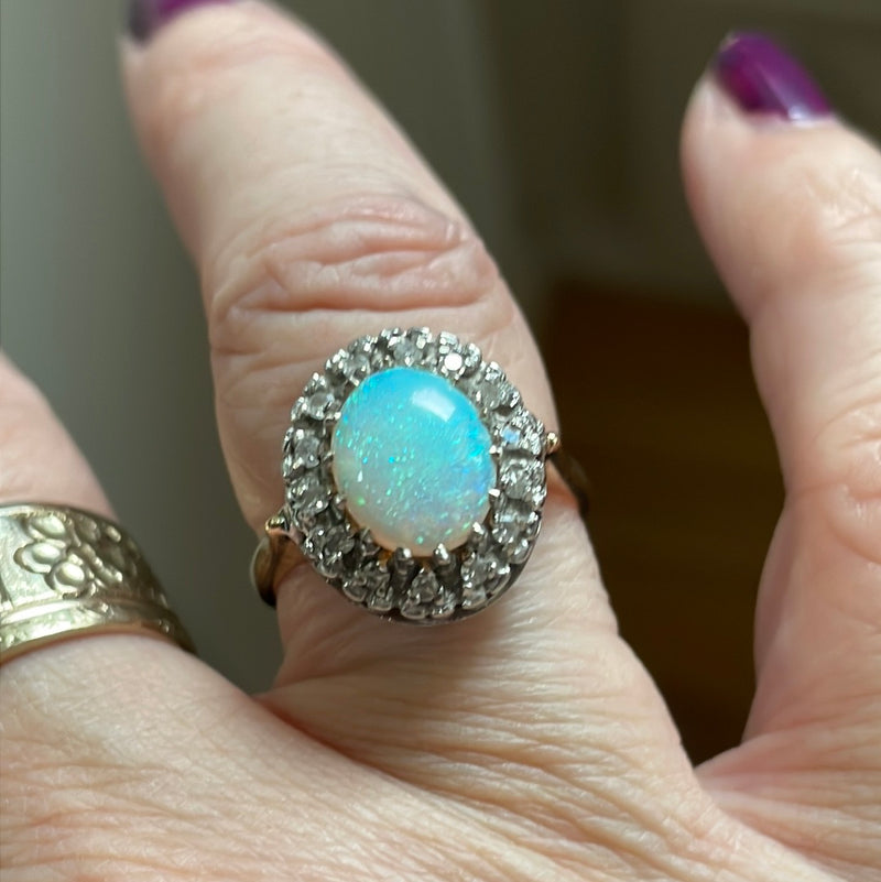 Opal Ring - Diamond Halo - 14k Gold - Vintage