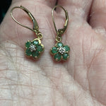 Emerald Diamond Flower Drop Earrings - 10k Gold - Vintage