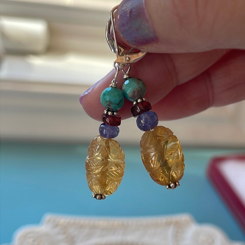 Carved Citrine Earrings - Turquoise, Garnet and Tanzanite - Sterling Silver - Vintage