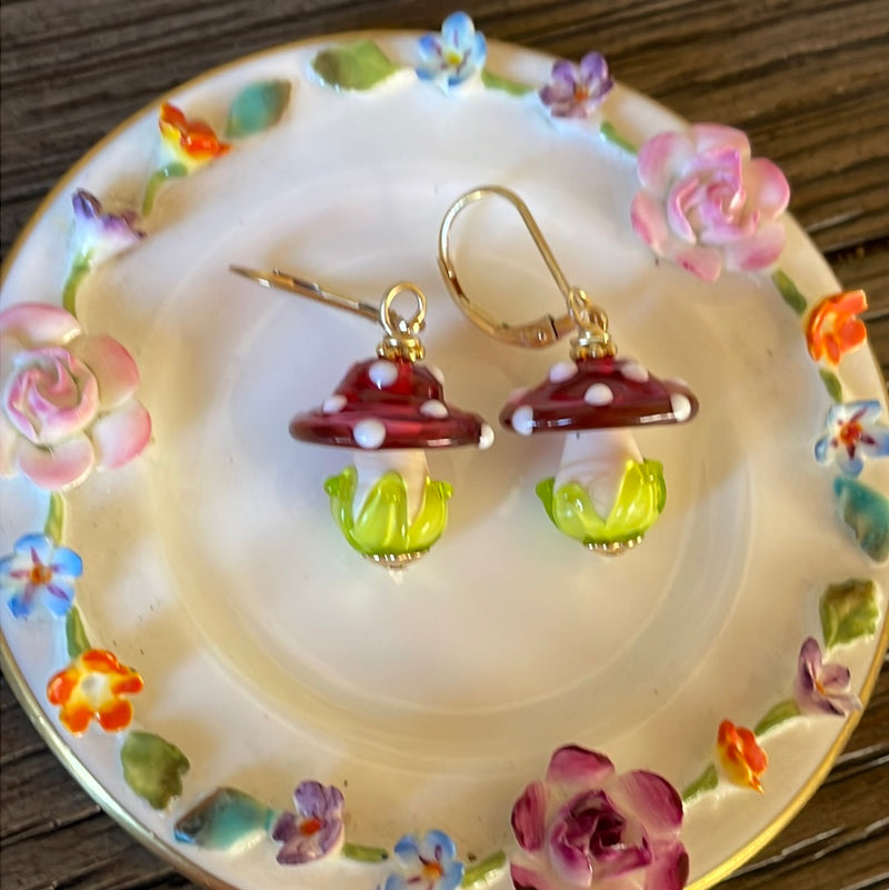 Pink Glass Mushroom Earrings - Gold Filled - Handmade