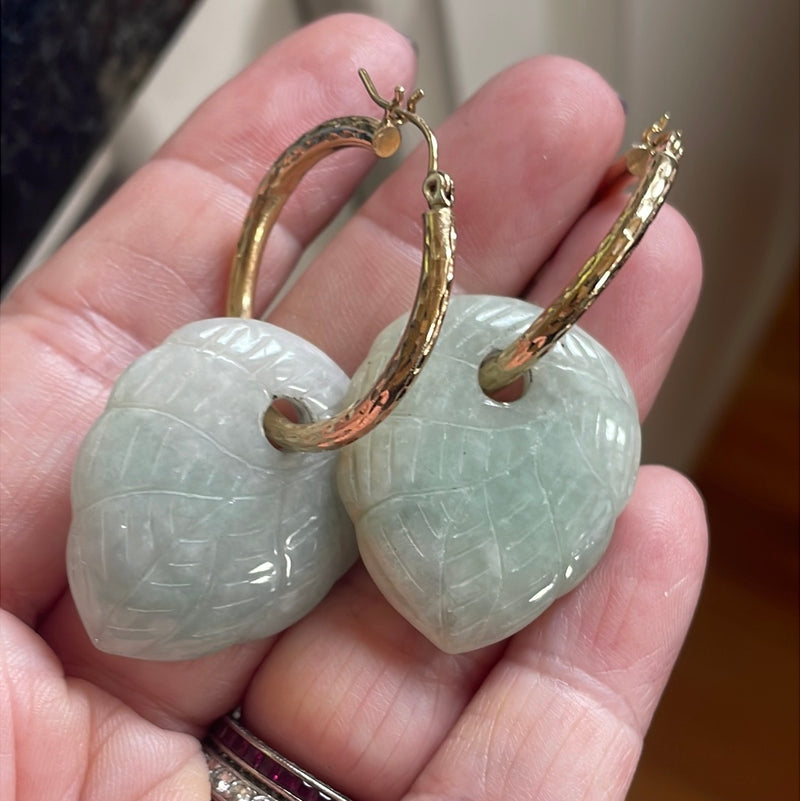 Carved Jade Earrings - 14k Textured Hoops - Vintage