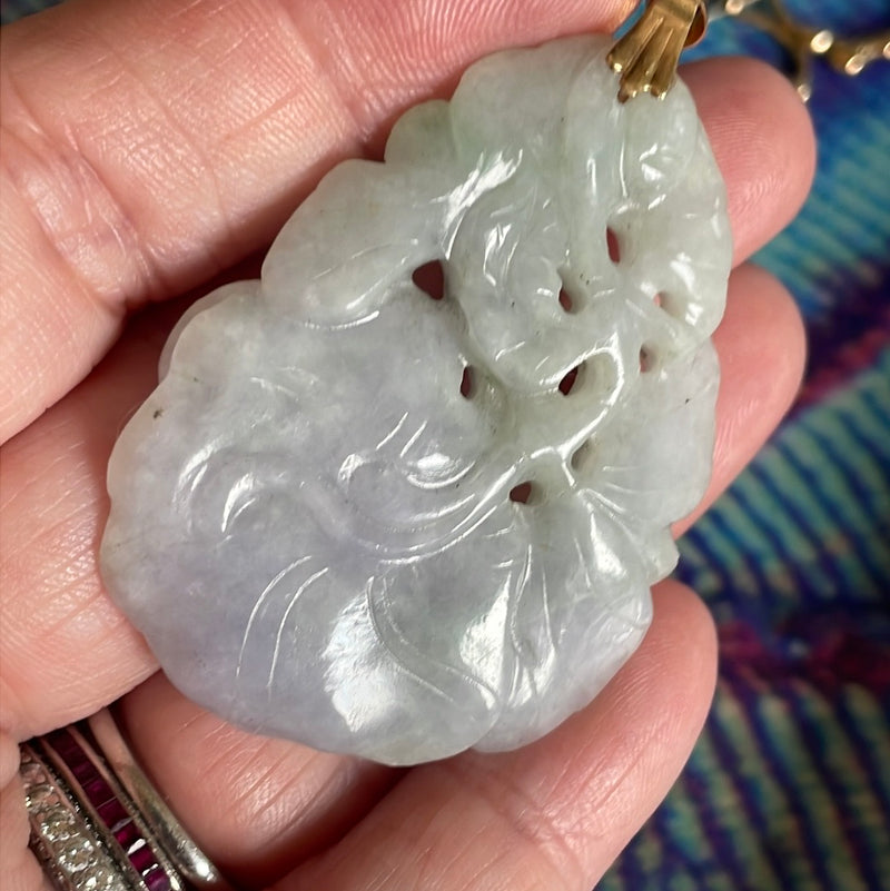 Carved Jade Crane Pendant - 14k Gold - Vintage