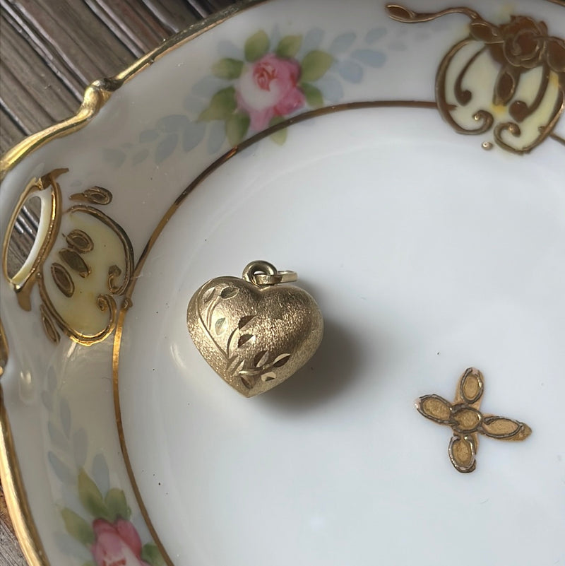 Engraved Puffy Heart Pendant - 14k Gold - Vintage