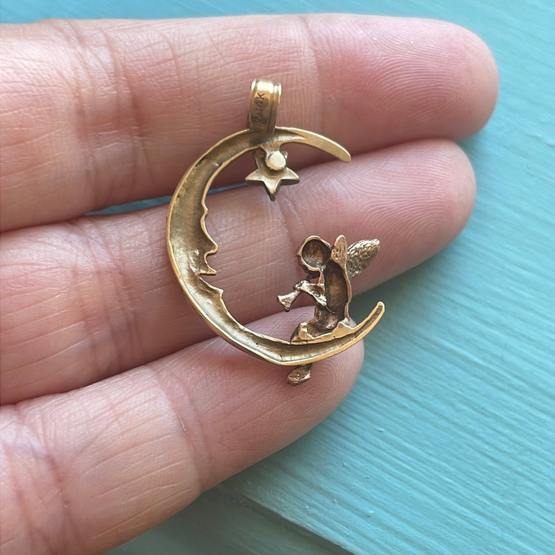 Moon Cherub Pendant - 14k White, Yellow and Rose Gold - Vintage