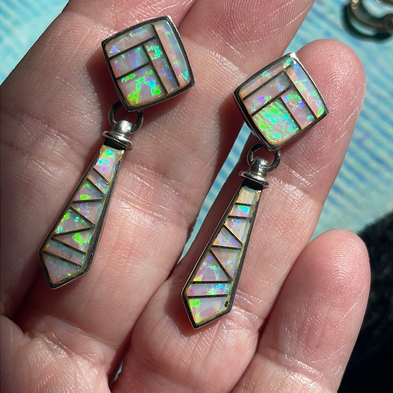 Opal Inlay Earrings - Sterling Silver - Vintage