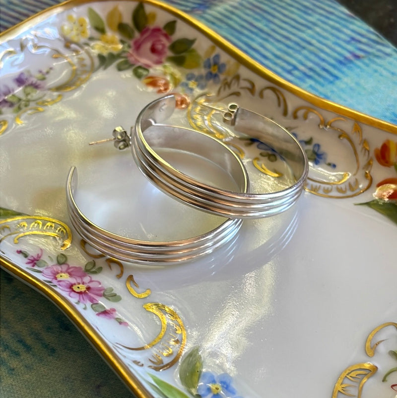 Large Triple Ridge Hoop Earrings - Sterling Silver - Vintage