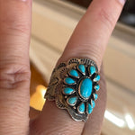 Turquoise Cluster Ring - Engraved - Sterling Silver - Vintage