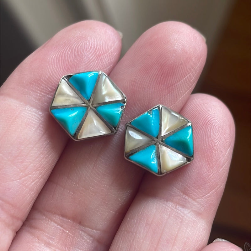 Turquoise Mother of Pearl pinwheel Earrings - Sterling Silver - Vintage