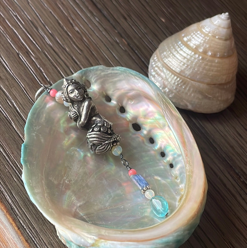 Mermaid Pendant - Apatite, Kyanite, Opal, Pearl and Coral - Pewter and Sterling Silver - Handmade