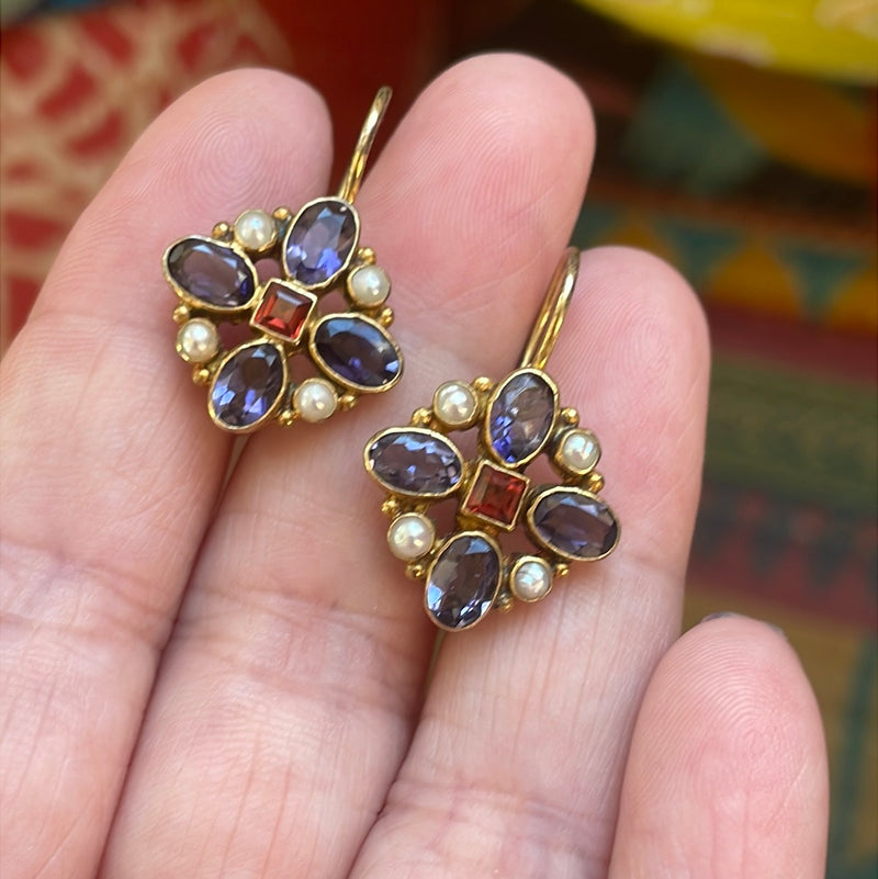 Iolite, Garnet and Pearl Earrings - Sterling Silver - Vermeil - Vintage