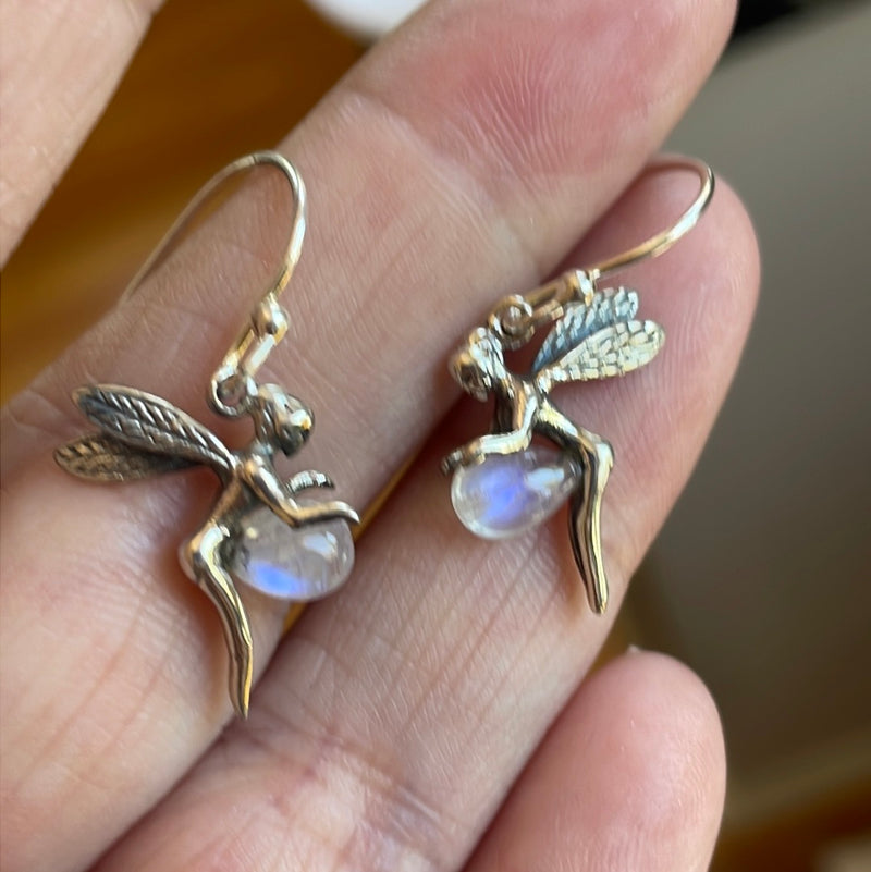 Wee Fairy Earrings - Moonstone - Sterling Silver - Vintage