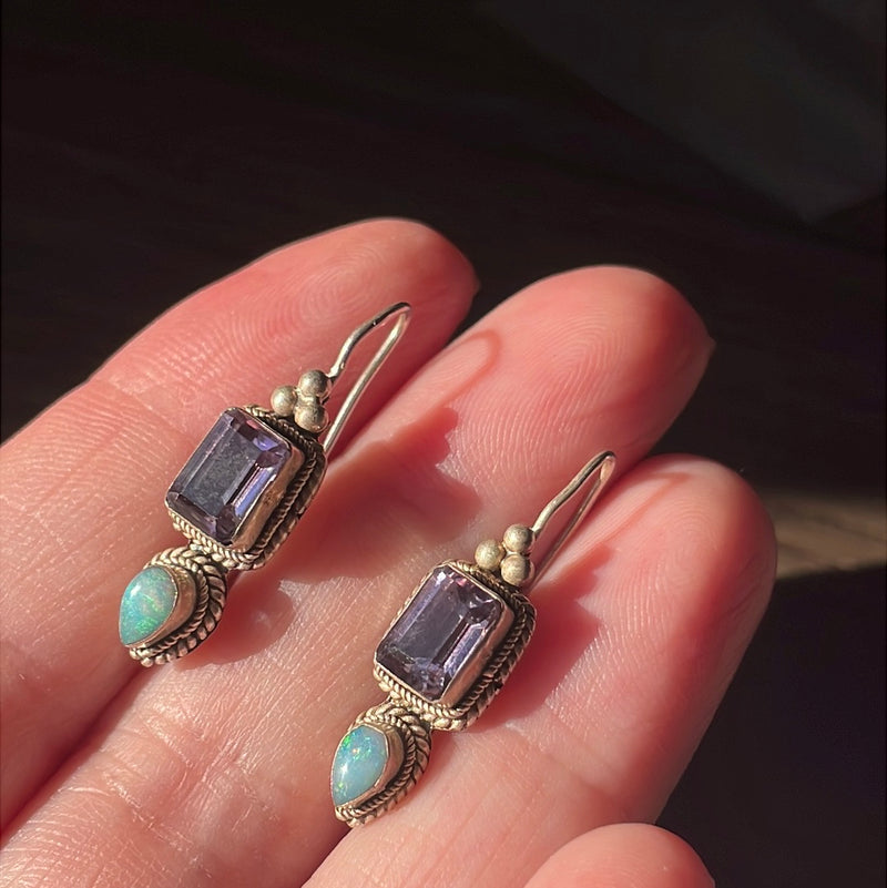 Amethyst Opal Drop Earrings - Sterling Silver - Vintage