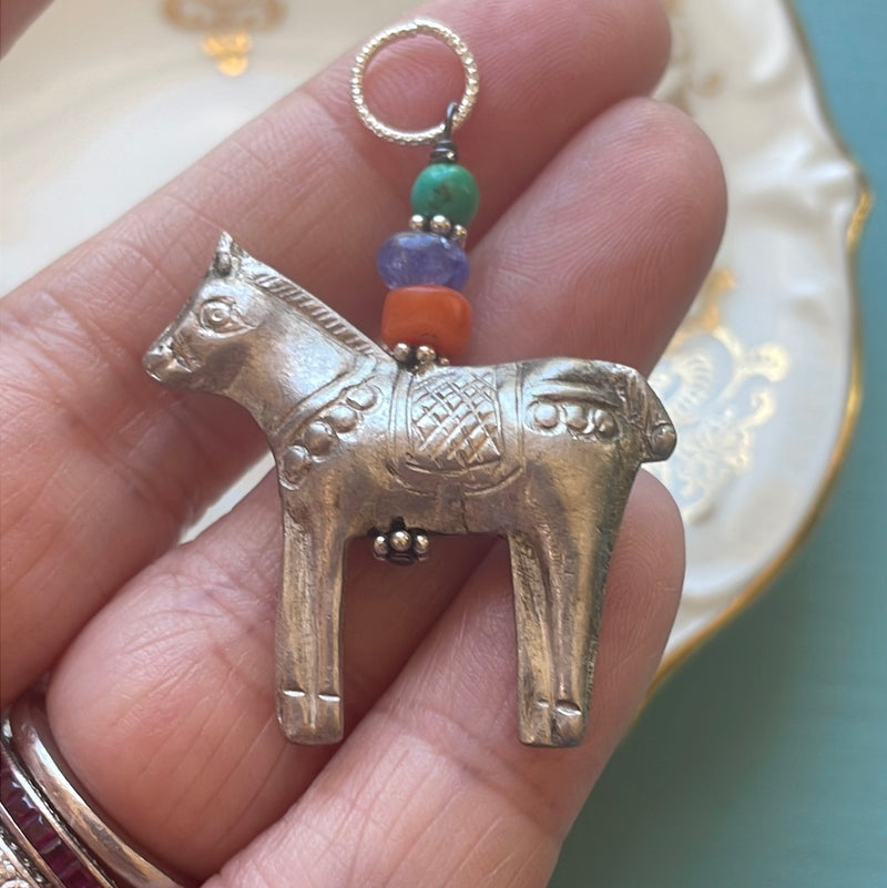 Horse Pendant - Coral, Tanzanite and Turquoise - Sterling Silver - Vintage