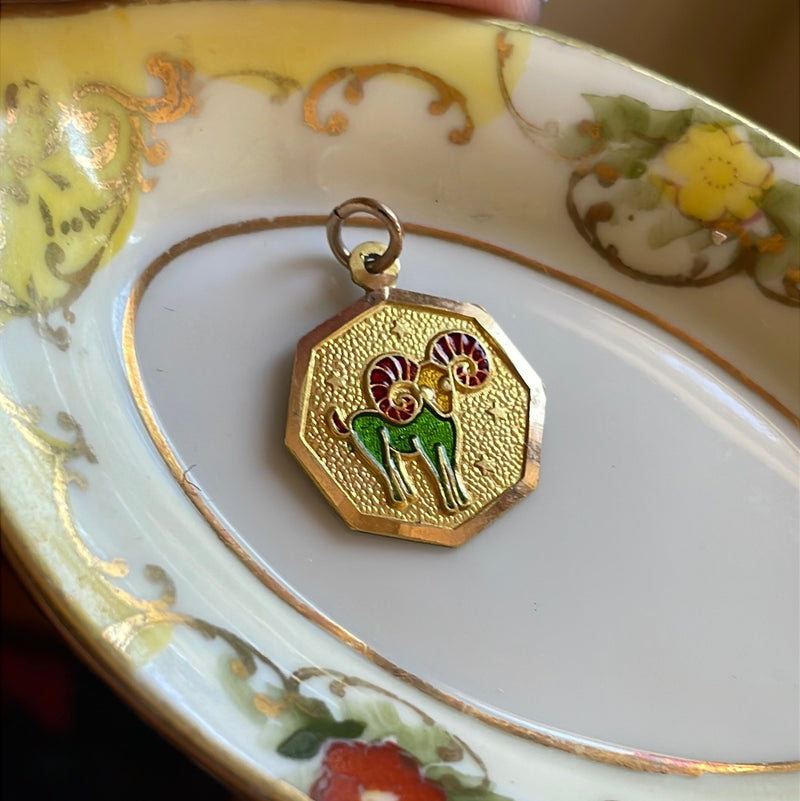 Aries Ram Zodiac Pendant - Enamel - 9k Gold - Vintage